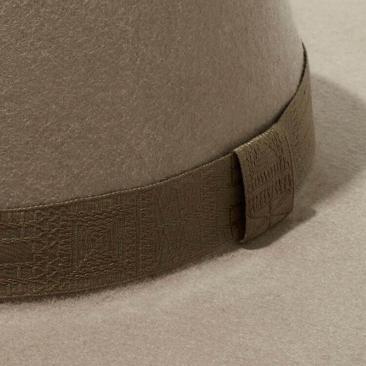 Custom ribbon trim for custom hat. Jacquard Pattern trim ribbon in Silver Sand custom color.