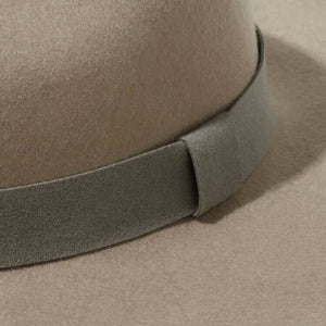 Custom ribbon trim for custom hat. Suede trim ribbon in Silver Sand custom color. Build your own hat.